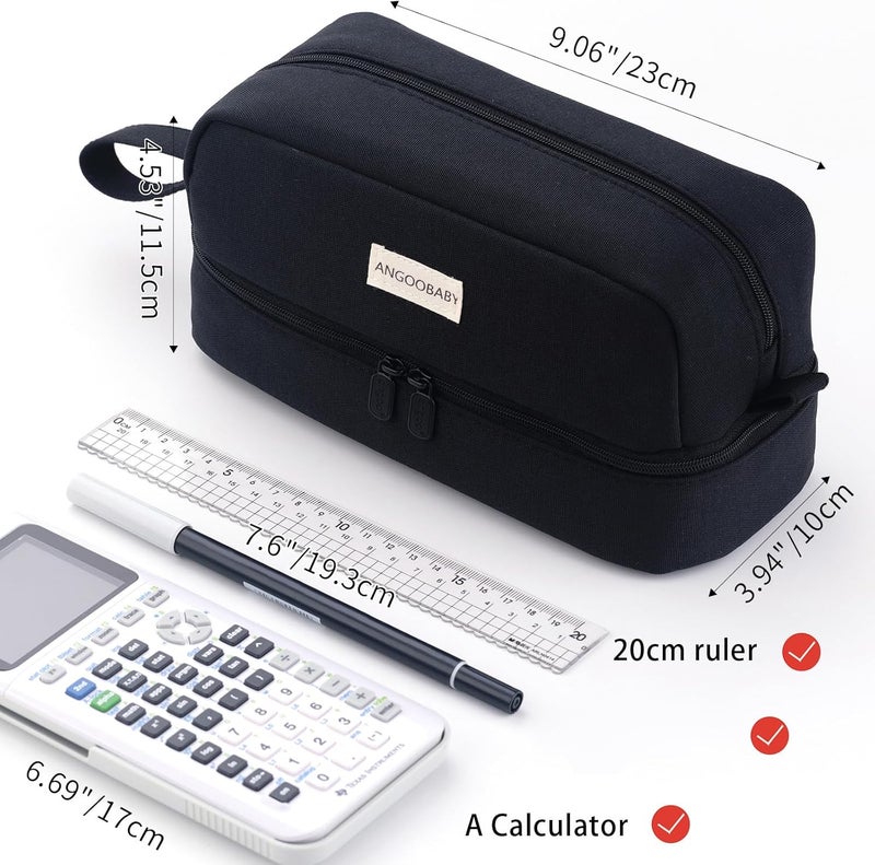 ANGOOBABY Big Capacity Large Pencil Case Canvas Pen Pouch Bag with 2 Compartments for Girls Boys Teen School Students Adults - Black - Image 3